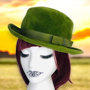 Vtg 60s Women GIBBE Hat Velvet Olive Green Bow Cloche CORONA Italy Paris Church